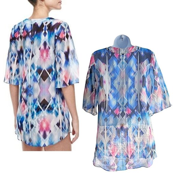 MILLY CABANA Capella Blue Kaleidoscope Ikat Cotton-Silk Cover-Up Tunic Size SP - Picture 6 of 6